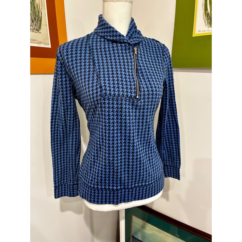 Croft & Barrow Blue Houndstooth Quarter Zip Pullover Top Petite Small PS
